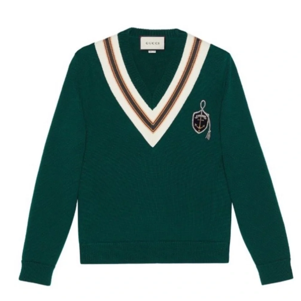 Gucci Forest Green Anchor Crest V Neck Wool Sweater Made Italy Varsity College